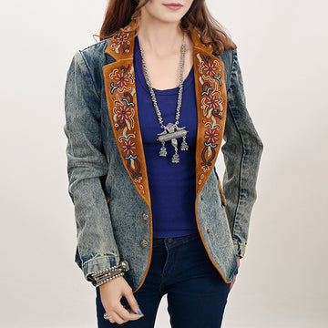 ADBZ029 Genuine leather Hand tooled hand carved Women 100% cotton Denim Blazer dress jacket ladies Girl